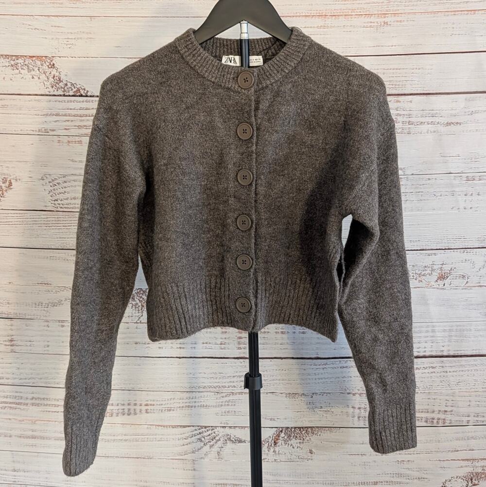 Zara Knit Cardigan Womens Small Brown Wool Blend Cropped Button Front Sweater S